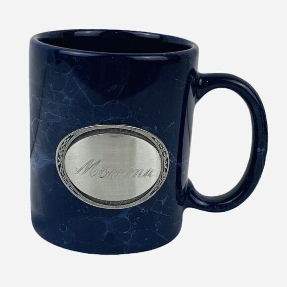 Vintage Linyi Momma Coffee Mug Pewter Metal Plaque Blue Marble Look Gift Mom - Picture 2 of 8